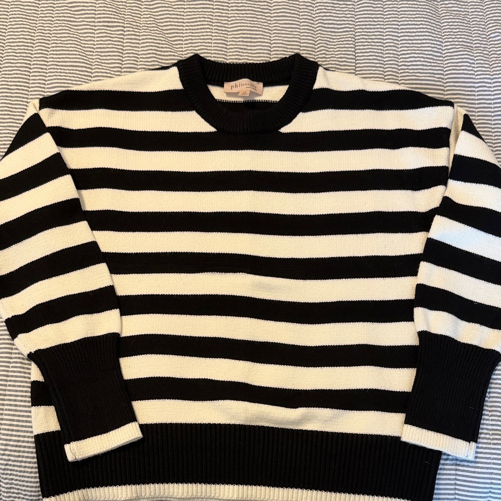 Philosophy Black and White Striped Crewneck Sweater